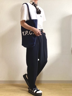 「Maison Kitsune（メゾンキツネ）のTEE-SHIRT DOUBLE FOX HEAD PATCH（Tシャツ/カットソー、ホワイト系）」を使った、idakaさん（メンズ・172cm）の夏コーディネート