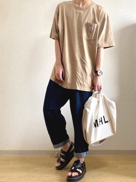 「Carhartt（カーハート）のcarhartt(カーハート) ビッグシルエット ポケット半袖 ロゴ Tシャツ Workwear Pocket 1/2 Sleeve T-Shirts（Tシャツ/カットソー、ベージュ系）」を使った、idakaさん（メンズ・172cm）の夏コーディネート