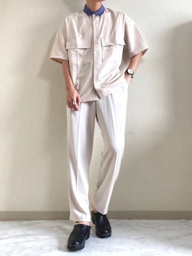 「EMMA CLOTHES（エマクローズ）のブライトポプリンリラックスレギュラーカラーオーバーCPOシャツ 1/2 sleeve(EMMA CLOTHES)（シャツ/ブラウス、ホワイト系）」を使った、idakaさん（メンズ・172cm）の夏コーディネート