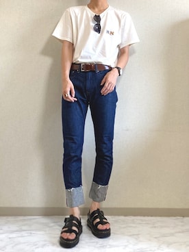「Maison Kitsune（メゾンキツネ）のTEE-SHIRT DOUBLE FOX HEAD PATCH（Tシャツ/カットソー、ホワイト系）」を使った、idakaさん（メンズ・172cm）の夏コーディネート