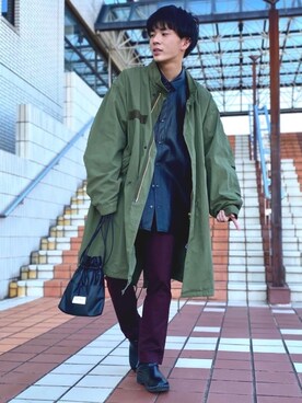 「巾着バッグ」｜「アイテム（モッズコート）」を使った、idakaさん（メンズ・171cm）の秋コーディネート