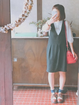 「アイテム（ボストンバッグ、レッド系）」を使った、kmmyさん（レディース・155cm）の夏コーディネート