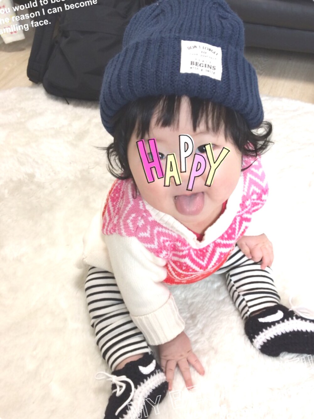 「ベビーコーデ、おんなのこ、ラクチンコーデ、oldnavy、ニット、ZARA KIDS、ベビーシューズ、handmade」｜「OLD NAVYのアイテム（ニット/セーター、ホワイト系）」を使った、remuさん（キッズ・70cm）の冬コーディネートの1枚目の写真