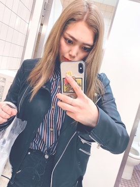 「carhartt」｜「アイテム（ライダースジャケット）」を使った、𝐑𝐈𝐈（rina tokiai）さん（レディース・163cm）の春コーディネート