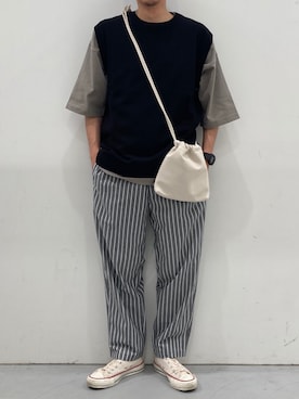 「LAKOLE（ラコレ）のアイテム（ベスト）」を使った、よつさん（メンズ・165cm）の夏コーディネート