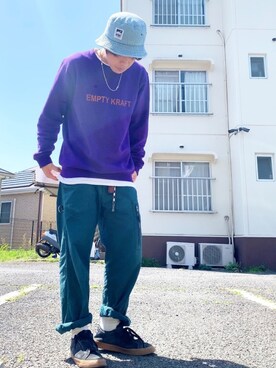 「EMPTYKRAFTのアイテム（スウェット、パープル系）」を使った、kenta/emptykraftさん（メンズ・168cm）の春コーディネート