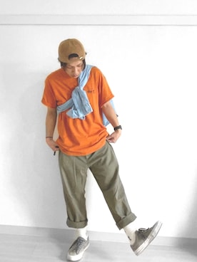 「dipinstoreのアイテム（Tシャツ/カットソー、オレンジ系）」を使った、kenta/emptykraftさん（メンズ・168cm）の夏コーディネート