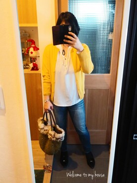 「GU（ジーユー）のアイテム（トップス、ホワイト系）」を使った、canさん（レディース・167cm）の冬コーディネート