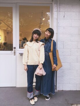 「Honey Salon（ハニーサロン）のフリルブーケ巾着バッグ（ショルダーバッグ、ピンク系）」を使った、fiona🍮さん（レディース・168cm）の冬コーディネート