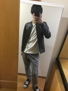 「グレンチェック」｜「アイテム（ライダースジャケット）」を使った、@Ryosukeさん（メンズ・172cm）の春コーディネート