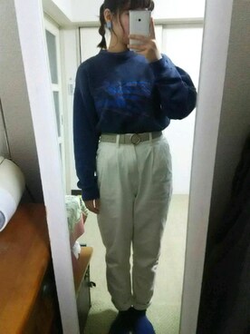 「古着のアイテム（スウェット、ブルー系）」を使った、りーぬさん（レディース・152cm）の秋コーディネート