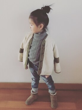 「DENIM DUNGAREE（デニムダンガリー）のアイテム（ノーカラージャケット）」を使った、mizichen♡̆̈さん（キッズ・110cm）の冬コーディネート