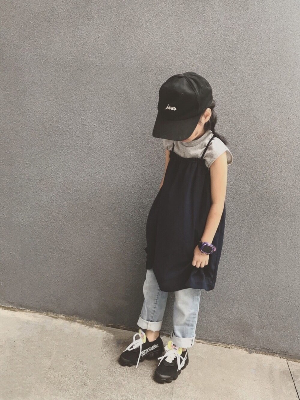 「GLOBAL WORK、petit main、b-room、green label relaxing、NIKE、ootd、夏、casual、カジュアル、kids」｜「GLOBAL WORKの【キッズ】カットテレコノースリーブ/723474（Tシャツ/カットソー、グレー系）」を使った、mizichen♡̆̈さん（キッズ・125cm）の夏コーディネートの1枚目の写真