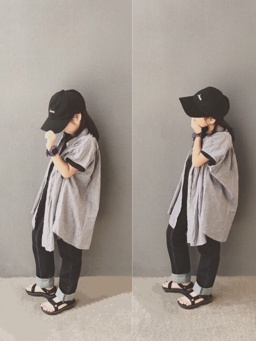 「GU、devirock、Levi's、AVIREX、teva、ootd、夏、街头搭配、casual」｜「GUのアイテム（シャツ/ブラウス、グレー系）」を使った、mizichen♡̆̈さん（キッズ・125cm）の夏コーディネートの1枚目の写真