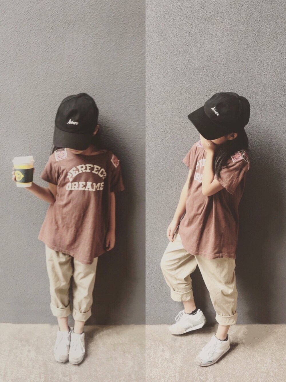 「DENIM DUNGAREE、UNIQLO、AVIREX、ootd、夏、街头搭配、casual」｜「DENIM DUNGAREEのアイテム（Tシャツ/カットソー、ブラウン系）」を使った、mizichen♡̆̈さん（キッズ・125cm）の秋コーディネートの1枚目の写真