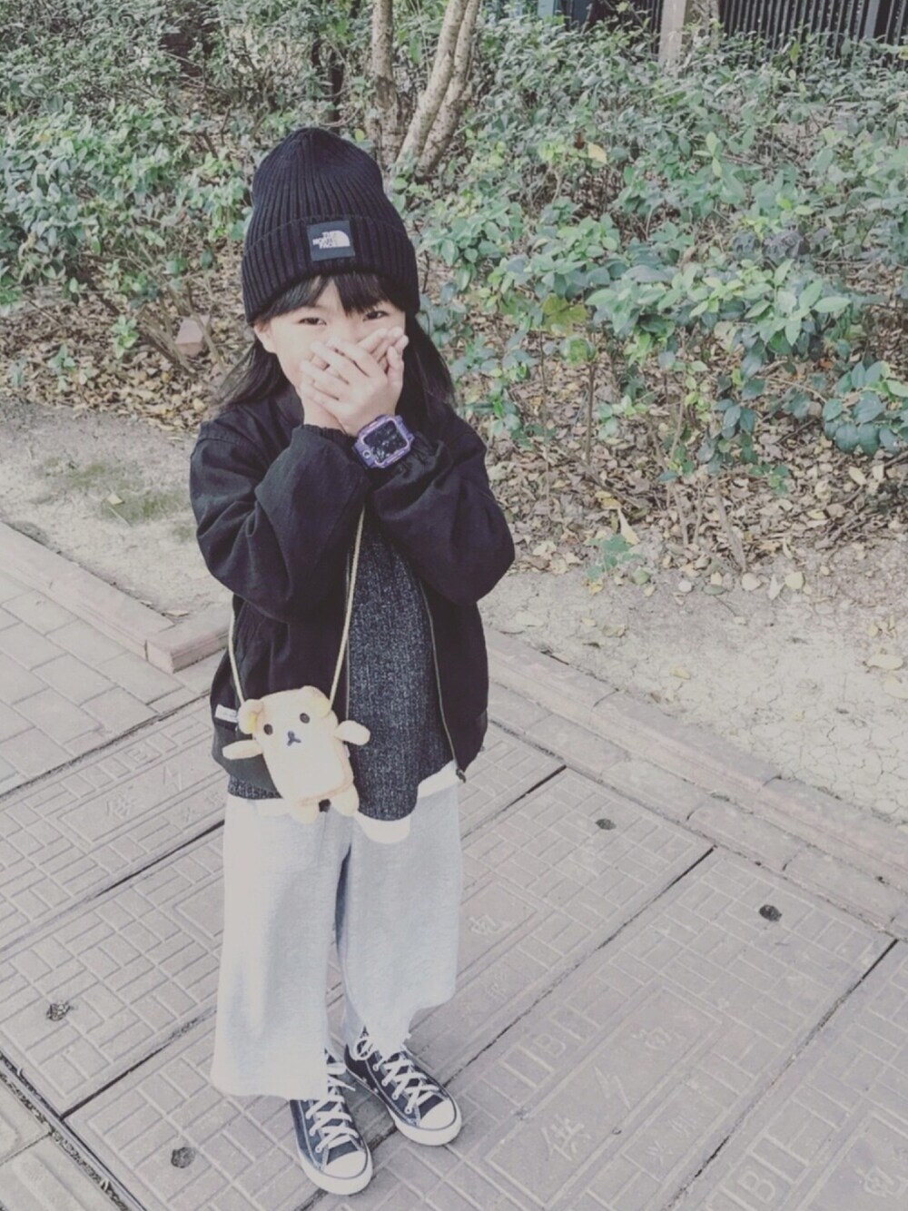 「GU、THE NORTH FACE、RADCHAP、ZARA KIDS、converse、ootd、女の子」｜「RADCHAPの麻混ジャケット（ブルゾン、ブラック系）」を使った、mizichen♡̆̈さん（キッズ・125cm）の秋コーディネートの1枚目の写真