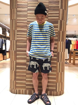 「柄×柄」｜「アイテム（ニットキャップ/ビーニー）」を使った、funatoさん（メンズ・166cm）の夏コーディネート
