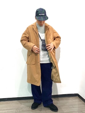「MANASTASH（マナスタッシュ）のアイテム（ステンカラーコート）」を使った、funatoさん（メンズ・166cm）の秋コーディネート