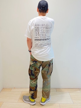 「meanswhile（ミーンズワイル）のアイテム（Tシャツ/カットソー）」を使った、funatoさん（メンズ・166cm）の夏コーディネート