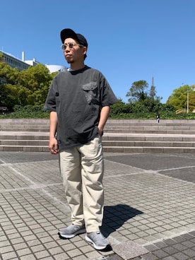 「meanswhile（ミーンズワイル）のアイテム（帽子）」を使った、funatoさん（メンズ・166cm）の春コーディネート