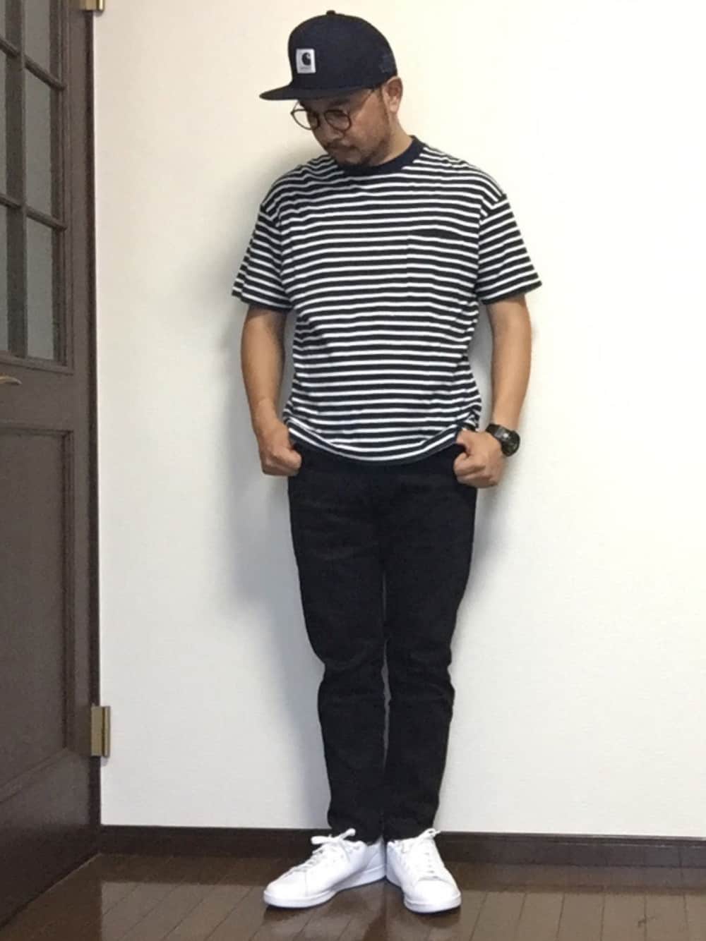 「ボーダー、carhartt、zozoデニム、スタンスミス、休日スタイル、白スニーカー、夏のボーダーフェス」｜「CarharttのFISHER STARTER CAP（キャップ、ブルー系）」を使った、ISOPさん（メンズ・170cm）の夏コーディネートの1枚目の写真