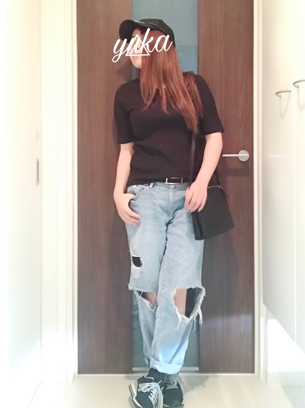 「ブラック、シンプルコーデ、JEANASiS、UNIQLO、GU、LOWRYS FARM、ニューバランス」｜「JEANASISのアソートキャップ/771079（キャップ、ブラック系）」を使った、YukAさん（レディース・156cm）の夏コーディネートの1枚目の写真