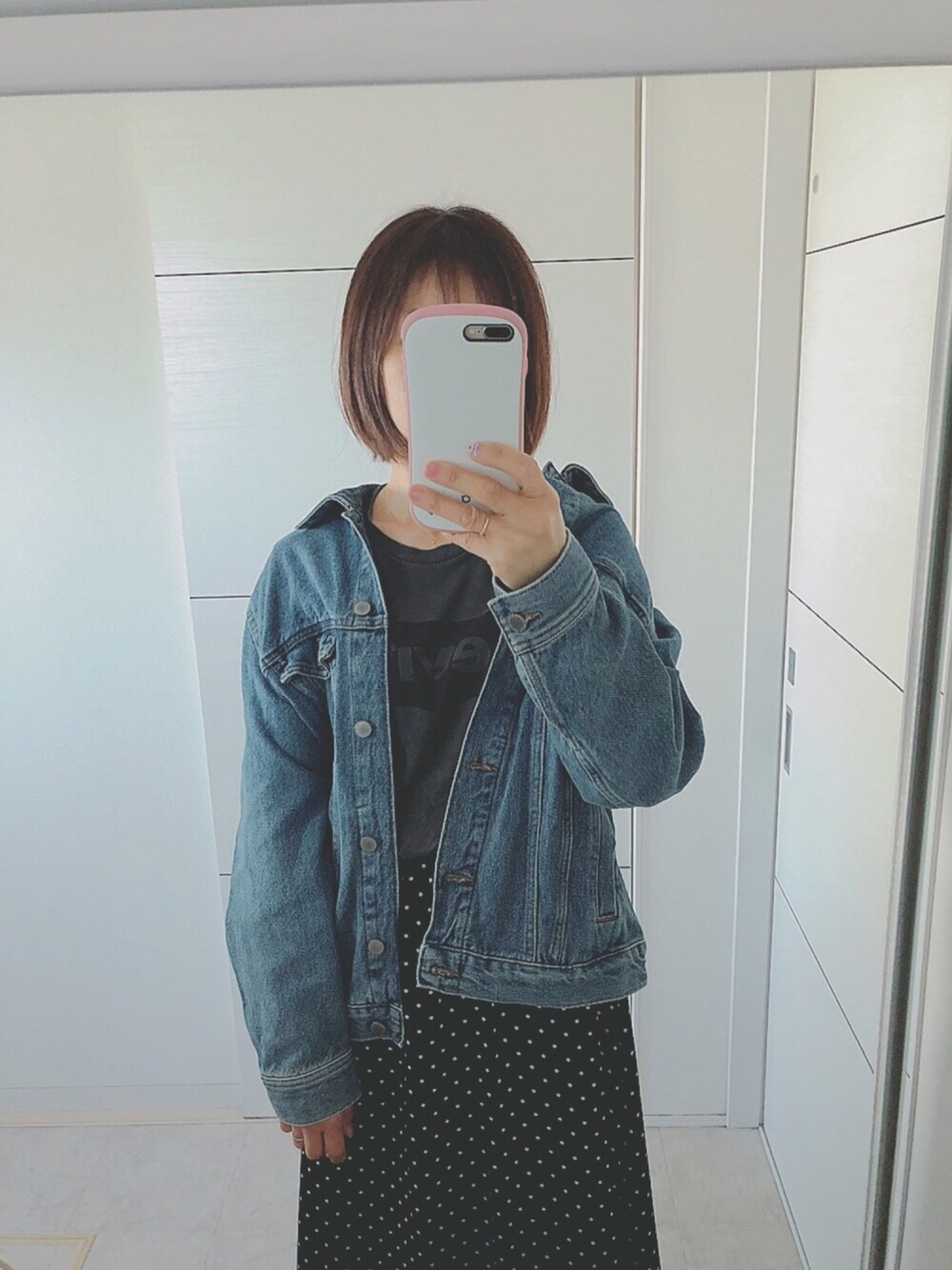 「大人カジュアル、おしゃれさんと繋がりたい、ロングスカート、ドット、チビーズ✳︎、GU、H&M、Gジャン、プチプラ、ママコーデ」｜「H&Mのアイテム（デニムジャケット、ブルー系）」を使った、mii♡ さん（レディース・149cm）の夏コーディネートの1枚目の写真