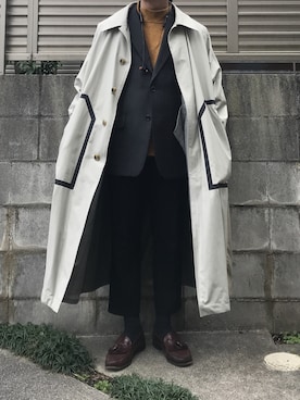 「soe（ソーイ）のアイテム（ステンカラーコート）」を使った、てぃーさん（メンズ・166cm）の冬コーディネート