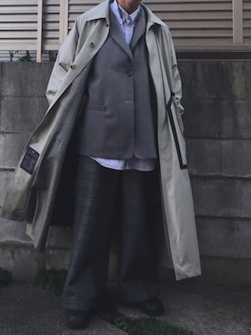 「soe（ソーイ）のアイテム（ステンカラーコート）」を使った、てぃーさん（メンズ・166cm）の冬コーディネート