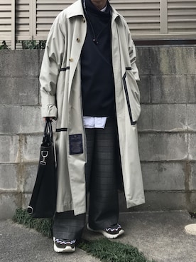 「soe（ソーイ）のアイテム（ステンカラーコート）」を使った、てぃーさん（メンズ・166cm）の冬コーディネート