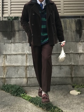 「ラガーシャツ」｜「アイテム（スラックス）」を使った、てぃーさん（メンズ・166cm）の冬コーディネート