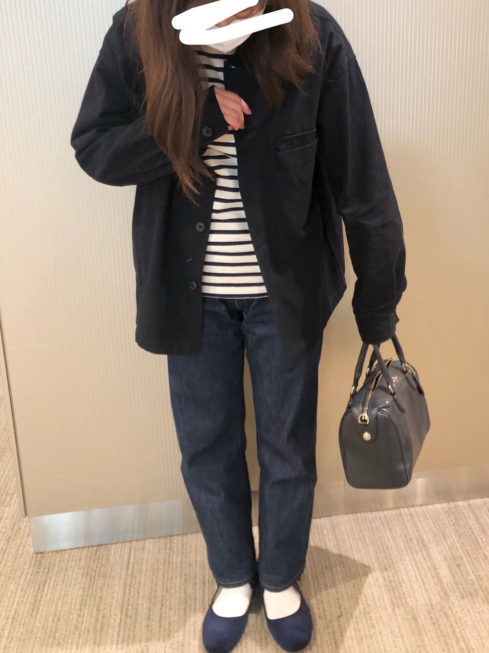 「パンツスタイル、701、ムジラー、いい天気、冬、ootd、orcival、ボーダーカットソー」｜「LEVI'S VINTAGE CLOTHINGのLEVIS VINTAGE CLOTHING / リーバイス ヴィンテージ クロージング：1950's 701 jean rigid-Rigid-：50701-0008[ANN]（デニムパンツ、ブルー系）」を使った、chihoさん（レディース・153cm）の冬コーディネートの1枚目の写真