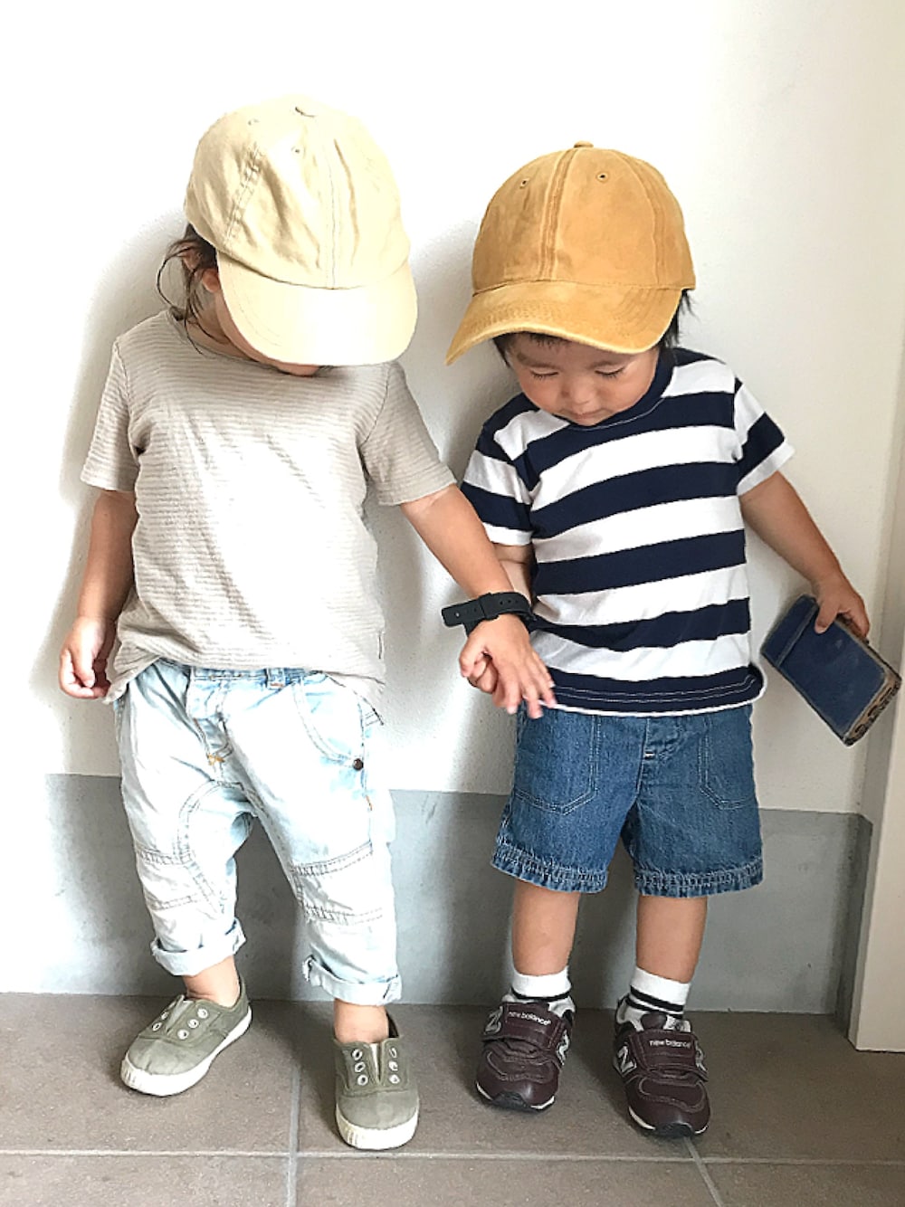 「カジュアル、キッズファッション、夏コーデ、シンプル、デニム、ZARA、ボーダー、スリッポン、キャップ、キッズコーデ」｜「Cientaのアイテム（スニーカー、グリーン系）」を使った、おーぺーさん（キッズ・80cm）の夏コーディネートの1枚目の写真