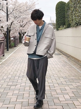 「サックスブルー」｜「アイテム（ブルゾン）」を使った、ko-skさん（メンズ・175cm）の春コーディネート
