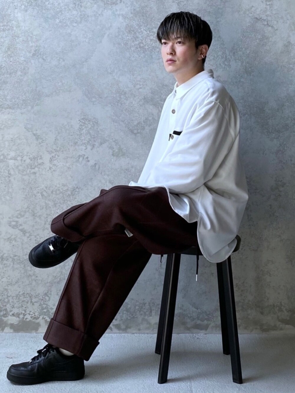 「CASPER JOHN、シャツスタイル、アンティーク、メルトン、アンクルパンツ、ストリートMIX、ストリートカジュアル、低身長、低身長コーデ、冬コーデ」｜「CASPER JOHNのDrape Retro Shirts/ドレープレトロシャツ（シャツ/ブラウス、ホワイト系）」を使った、KOMさん（メンズ・165cm）の冬コーディネートの1枚目の写真