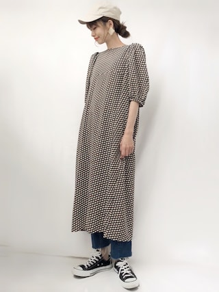 6（ロク）の「＜6(ROKU)＞BLOCK PRINT VOLUME SLEEVE DRESS