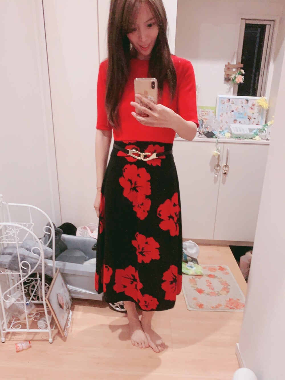 「たまには、大好きな服、本当は、奇抜なファッション、派手なのが好き、ママファッション、いつものコーデ」｜「M.deuxの花柄ジャガードドッキングワンピース（ワンピース、レッド系）」を使った、hirumamaさん（キッズ・80cm）の春コーディネートの1枚目の写真