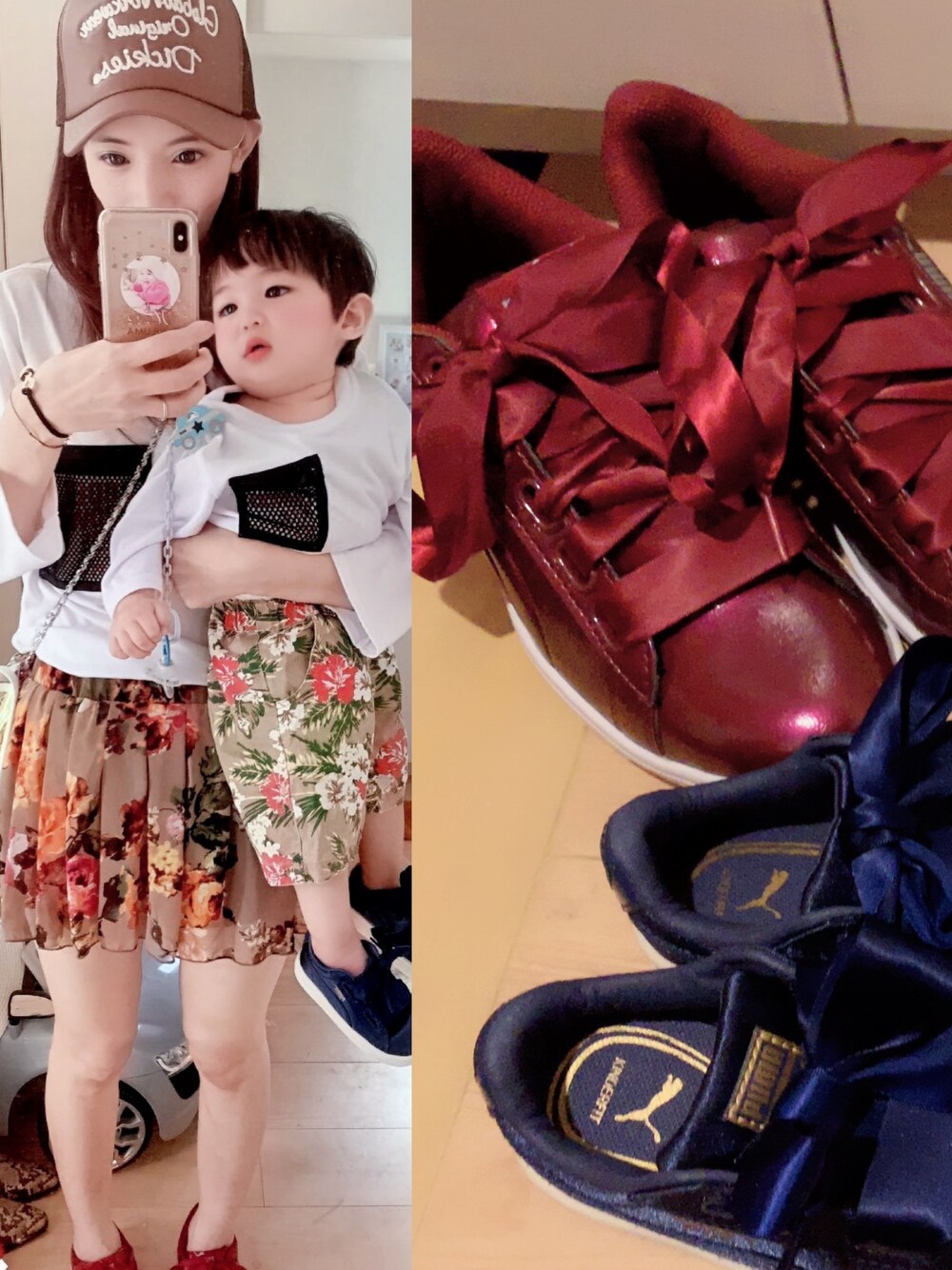 「親子コーデ、親子リンク、親子でおそろい、PUMA ビッキーリボン色違い、ロデオクラウンズ、フラワー、ディッキーズ(Dickies)、キッズコーデ、ママコーデ、おしゃれさんと繋がりたい」｜「RODEO CROWNS WIDE BOWLのキッズ プレイグラウンド 7分丈 Tシャツ（Tシャツ/カットソー、ホワイト系）」を使った、hirumamaさん（キッズ・90cm）の春コーディネートの1枚目の写真