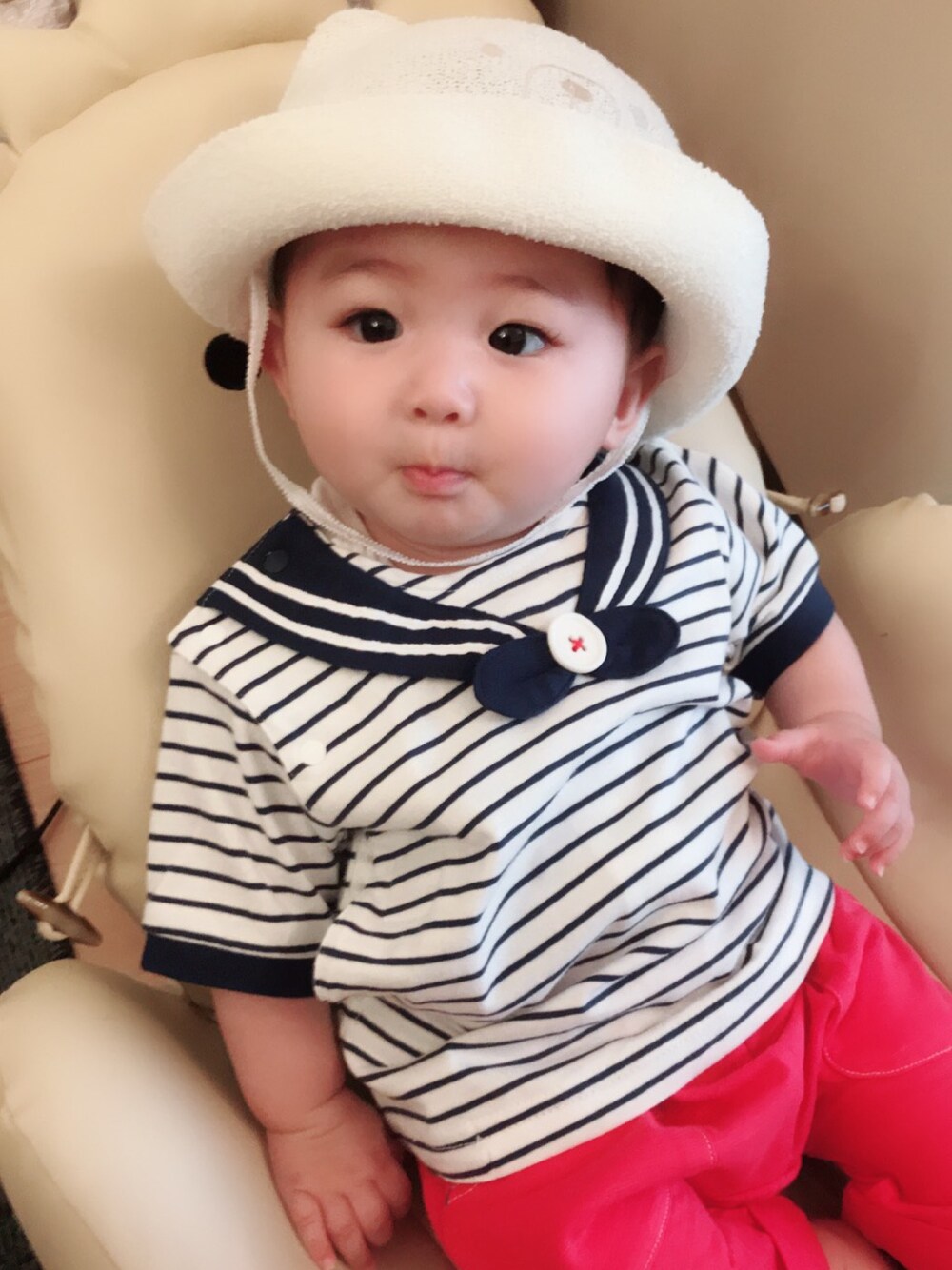 「新生児、卒業、コンビミニ、ベビーコーデ、懐かしい、生後5ヶ月、なつかしいシリーズ、なつかしいコーディネート」｜「combiminiのアイテム（帽子、ホワイト系）」を使った、hirumamaさん（キッズ・74cm）の夏コーディネートの1枚目の写真