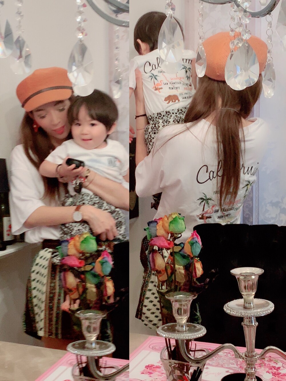 「親子コーデ、親子でおそろい、アナップミンピ、アナップキッズ、オリエンタル柄、ペイズリー柄、オルテガ、キッズコーデ、ママコーデ」｜「anap mimpiのUSAコットン刺繍Tシャツ（Tシャツ/カットソー、ホワイト系）」を使った、hirumamaさん（キッズ・74cm）の夏コーディネートの1枚目の写真