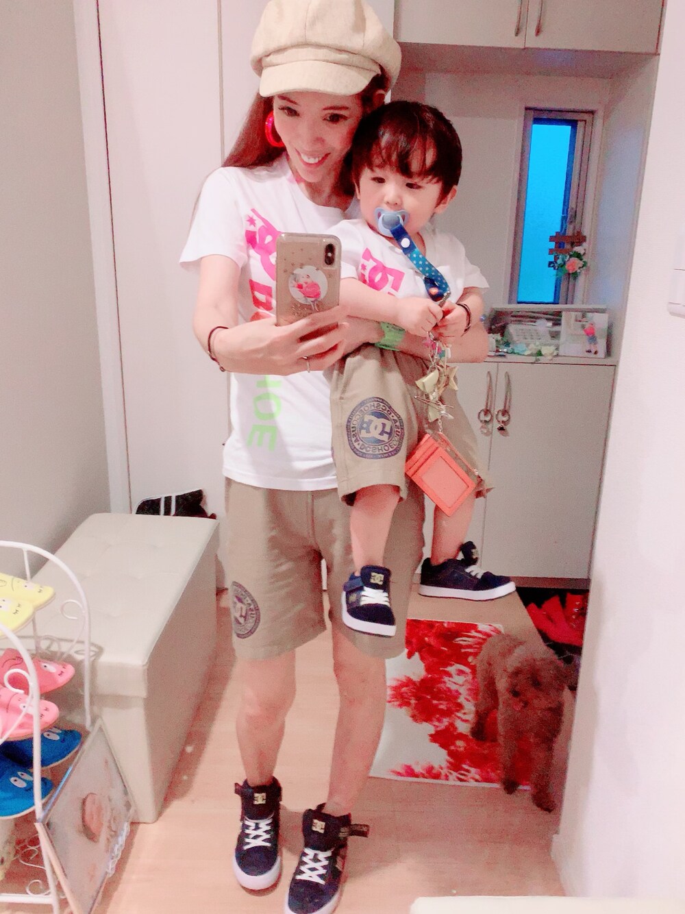 「親子でおそろい、親子コーデ、親子リンク、DC SHOES、息子100、ママ140、キッズコーデ、ママコーデ、おしゃれさんと繋がりたい、ムラサキスポーツ」｜「DC SHOESの19 KD PRINT VERTICAL（Tシャツ/カットソー、その他）」を使った、hirumamaさん（キッズ・90cm）の夏コーディネートの1枚目の写真