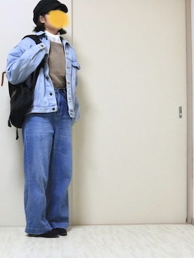 「RETRO GIRL（レトロガール）のデニムルーズワイドパンツ（デニムパンツ、ブルー系）」を使った、ねずさん（レディース・156cm）の冬コーディネート