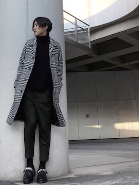 「ESTNATION（エストネーション）のアイテム（ステンカラーコート）」を使った、izさん（メンズ・177cm）の冬コーディネート