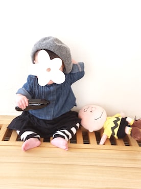 「白黒」｜「アイテム（ハンチング/ベレー帽）」を使った、k.mamaさん（キッズ・70cm）の冬コーディネート