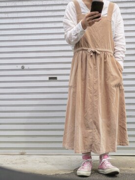 「エプロンワンピース」｜「アイテム（オールインワン・サロペット）」を使った、yukariさん（レディース・154cm）の秋コーディネート