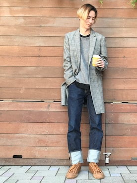 「STUDIOUS BLUE（ストゥディオスブルー）のアイテム（チェスターコート）」を使った、maruyamaxoxoさん（メンズ・177cm）の秋コーディネート