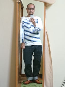 「ORCIVAL（オーシバル）のアイテム（Tシャツ/カットソー、ホワイト系）」を使った、大嶌康正さん（メンズ・182cm）の夏コーディネート