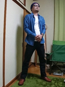 「HIGHLAND 2000（ハイランドトゥーサウザンド）のHIGHLAND2000 KNIT CAP BOBCAP 23CM INDIGO MIX（ニットキャップ/ビーニー、ブルー系）」を使った、大嶌康正さん（メンズ・182cm）の秋コーディネート