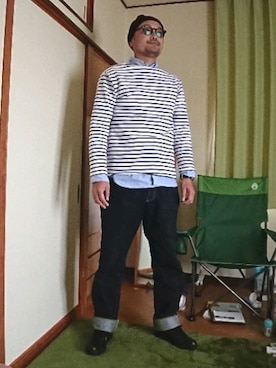 「SAINT JAMES（セントジェームス）のSAINT JAMES / セントジェームス : OUESSANTボーダー＃（Tシャツ/カットソー、ブラック系）」を使った、大嶌康正さん（メンズ・182cm）の秋コーディネート