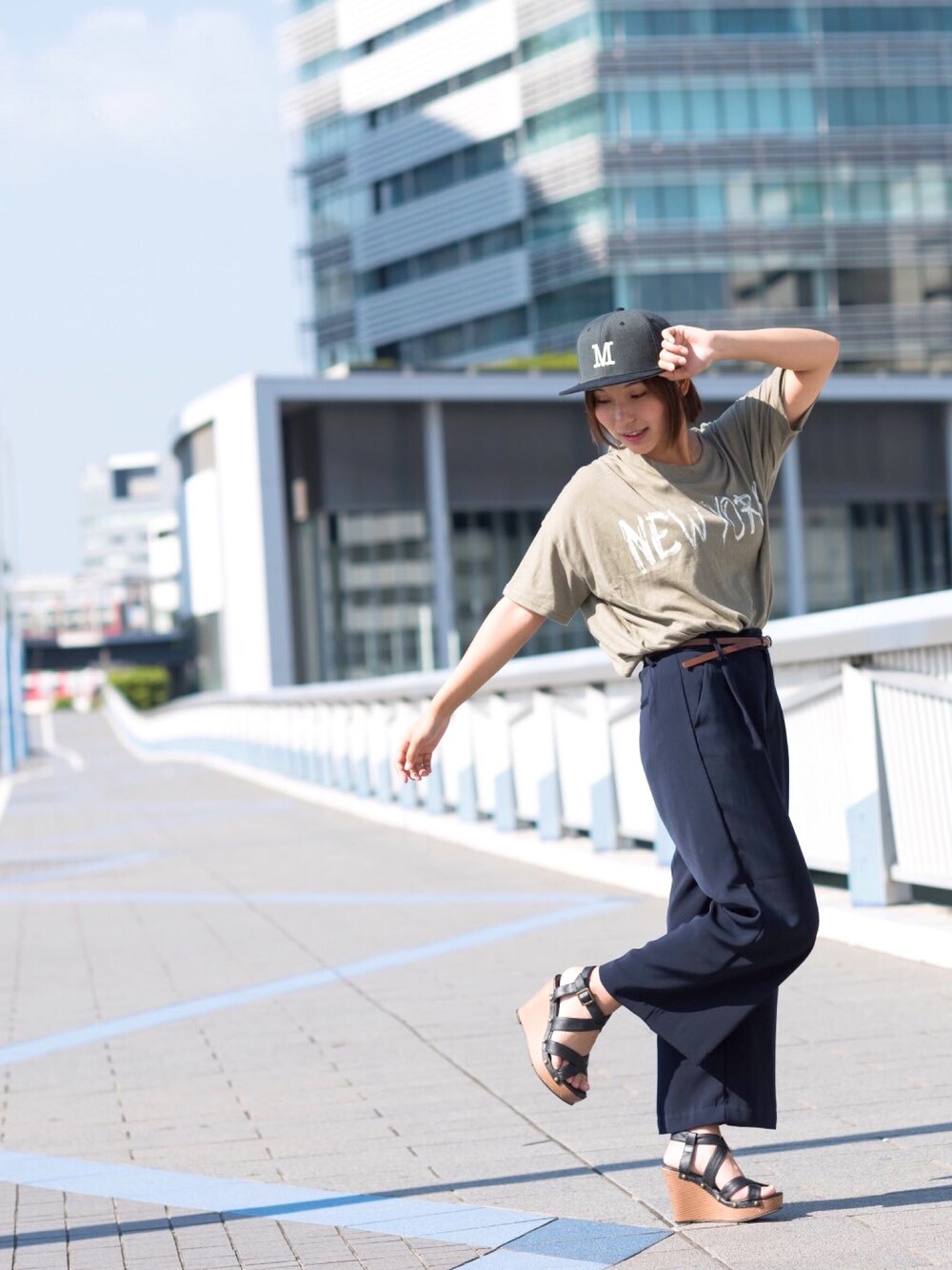 「平成最後のWEARISTAセンバツ、ワイドパンツ、カットソー、キャップ、サンダル、プチプラコーデ、カジュアルコーデ、ボーイッシュ、夏コーデ、メンズライク」｜「Ottoのアイテム（キャップ、ブラック系）」を使った、超骨ストのRicoさん（レディース・157cm）の春コーディネートの1枚目の写真